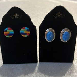 Two pair of sterling silver post earrings with turquoise and other stones